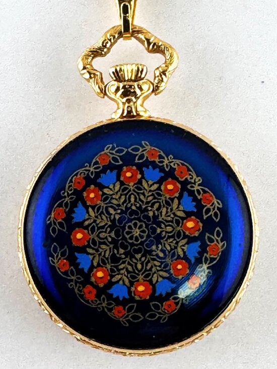 Vintage Hudson Gold Plated Pendant Watch with Blue Guilloche & Red Flower Motifs main image 5